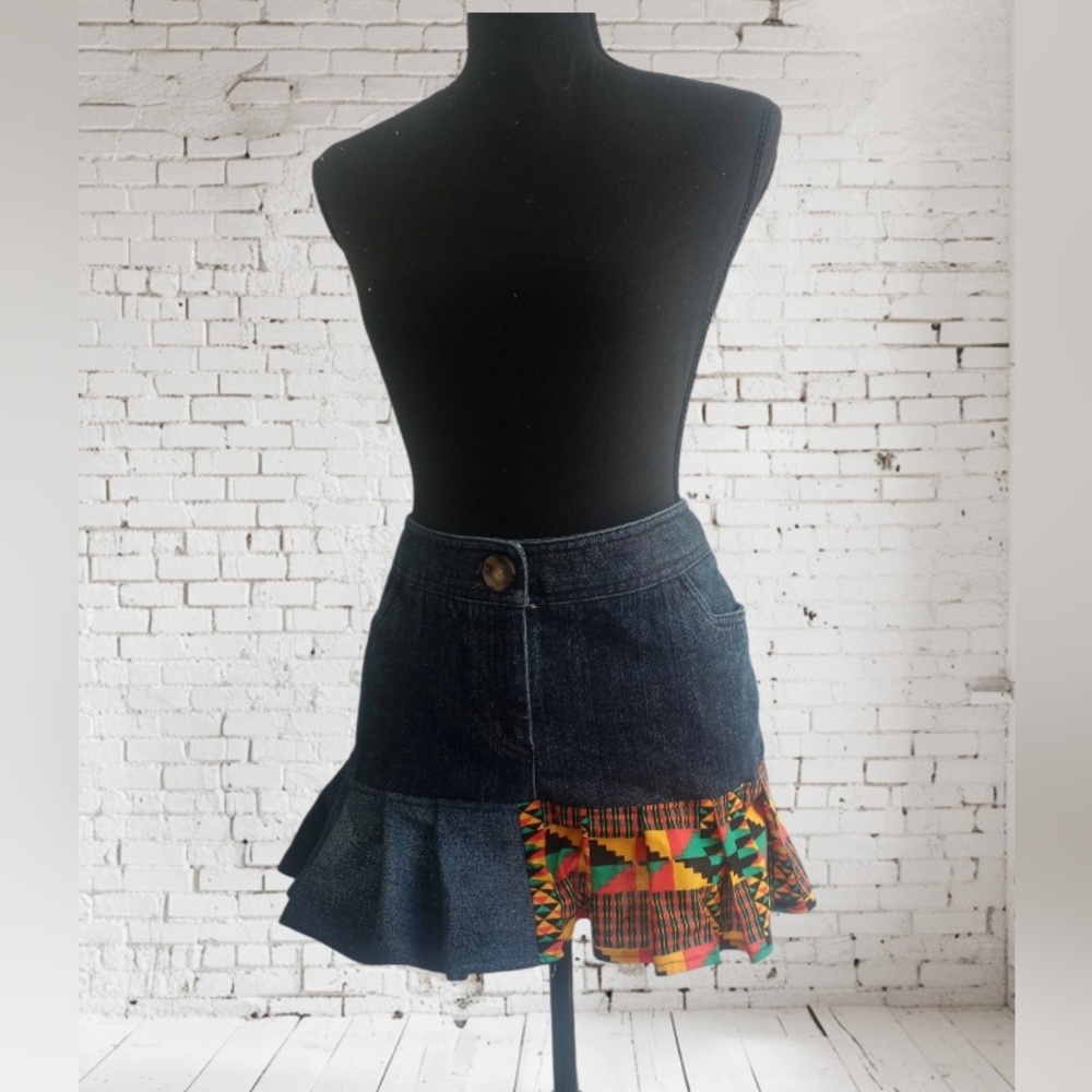 Upcycled denim and kente ruffled skirt